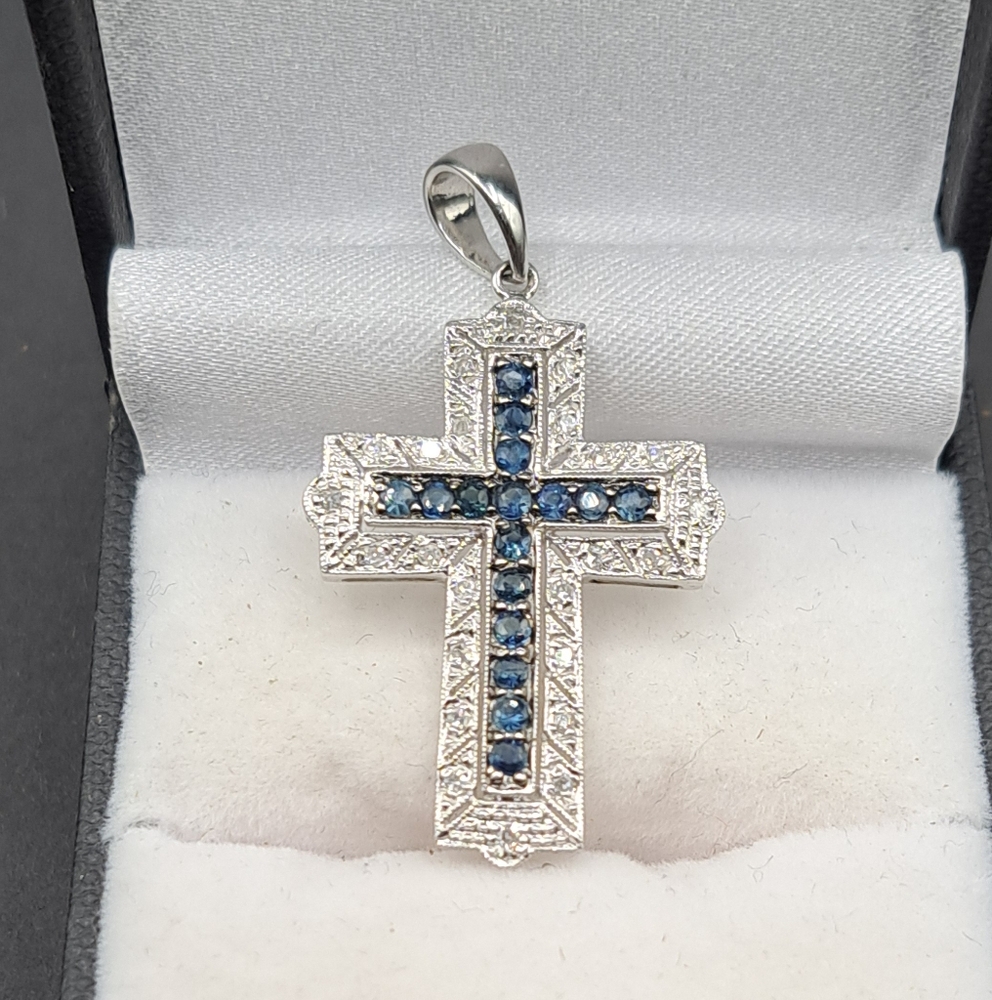 *SOLD*14k White Gold Cross Pendent- Natural Blue Sapphire & Diamonds